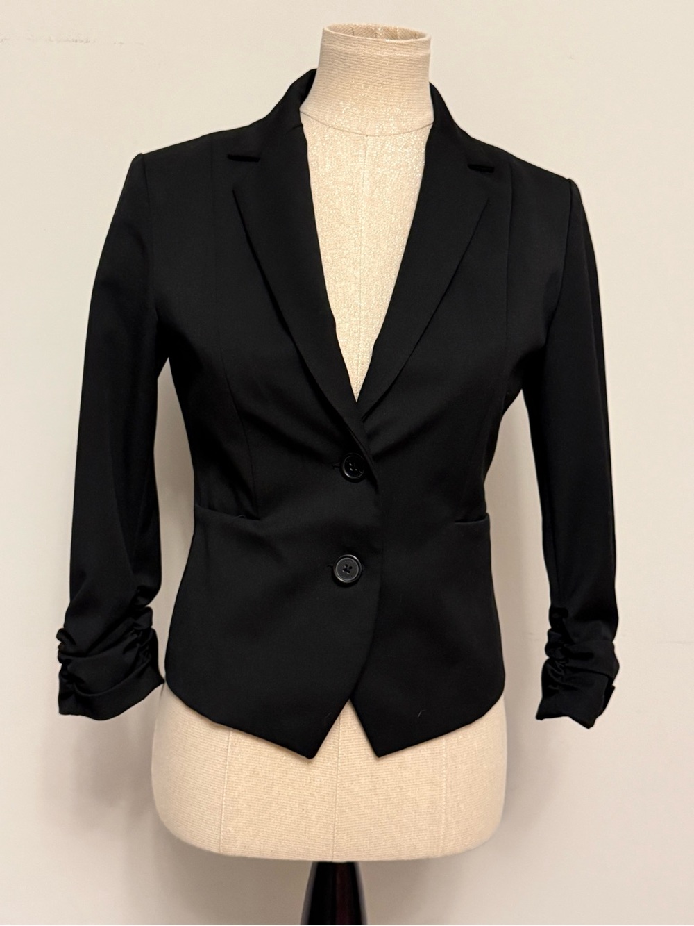 Express Black Women's Tailored Two-Button Ruched 3/4 Sleeve Blazer